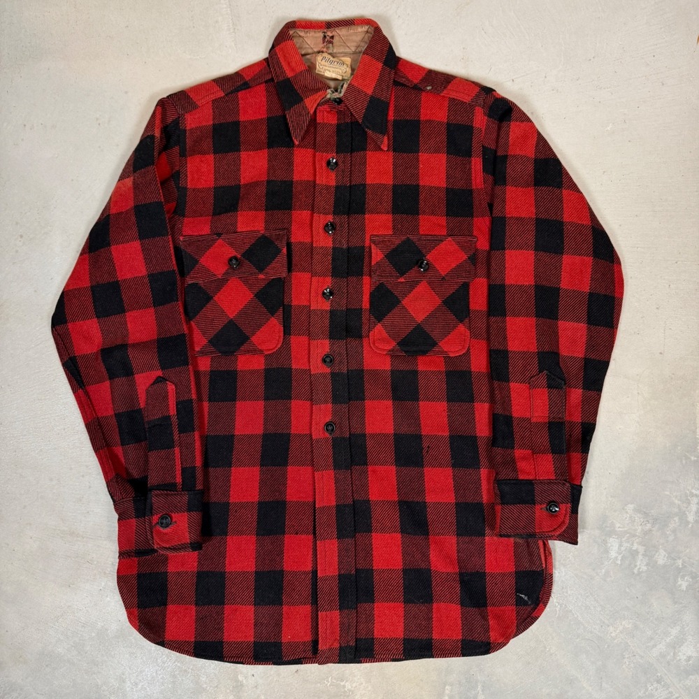 Vintage 50s Pilgrim Red Black Buffalo Plaid 100% Wool Button Down Shirt Mens L